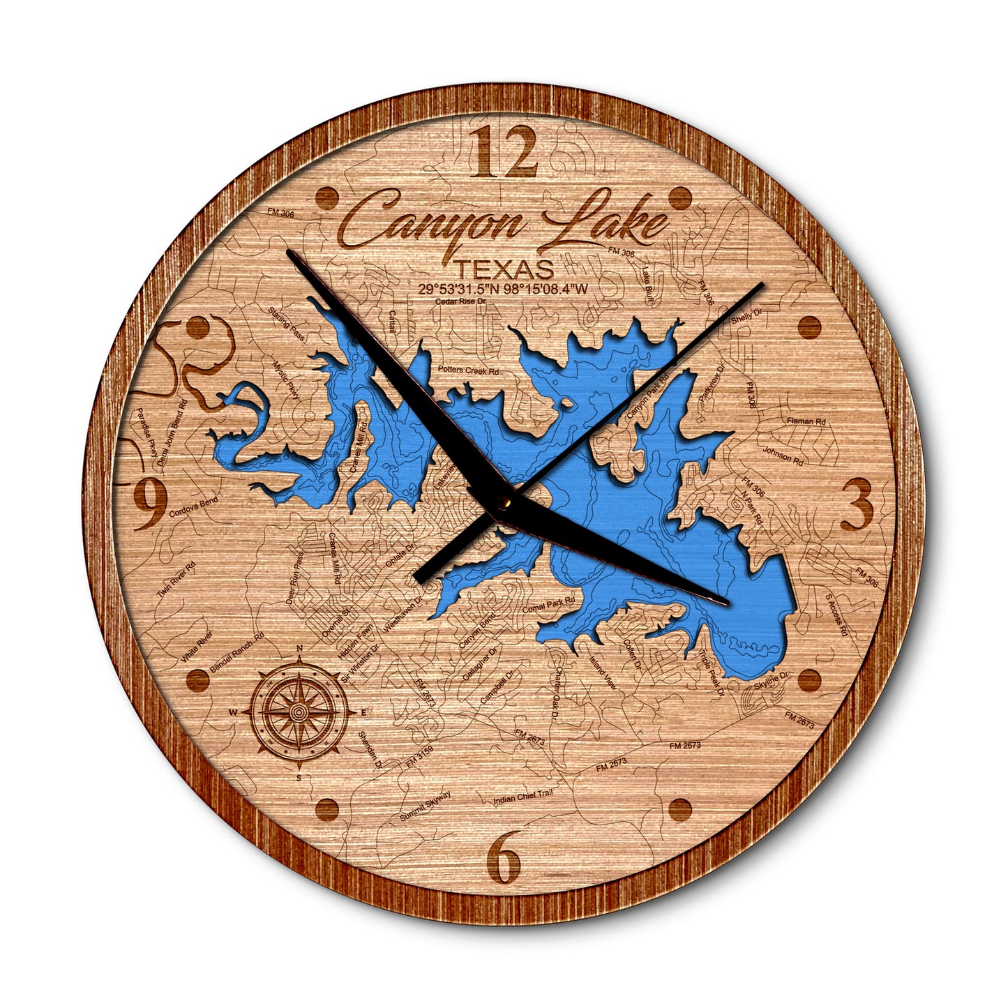 Canyon Lake, Texas 14in Layered Map Clock - Any Lake, Pond, or Reservoir - Unique Home Decor