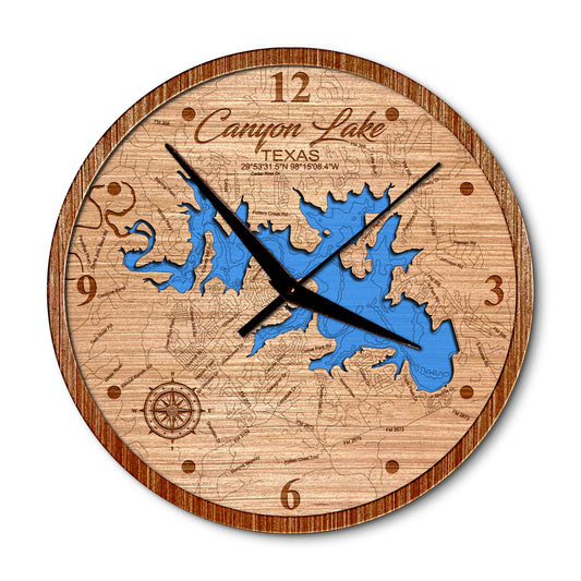 Canyon Lake, Texas 14in Layered Map Clock - Any Lake, Pond, or Reservoir - Unique Home Decor