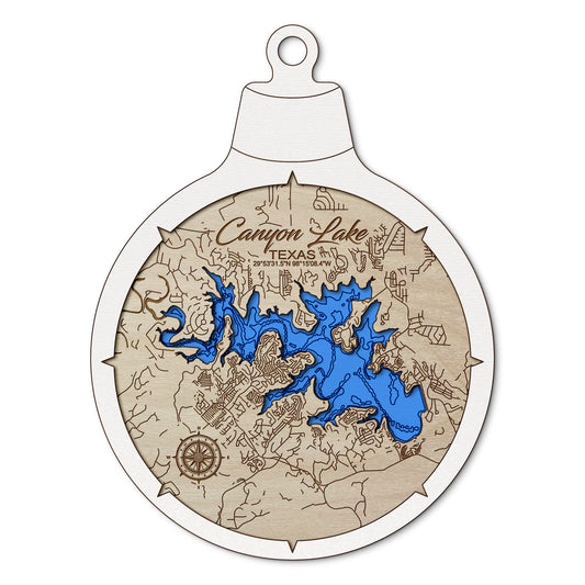 Canyon Lake, Texas Custom 3D Layered Wood Lake Map Ornament | Handcrafted Bathymetric Art