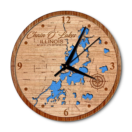 Chain O' Lakes, Illinois Layered Map Clock - Any Lake, Pond, or Reservoir - Unique Home Decor