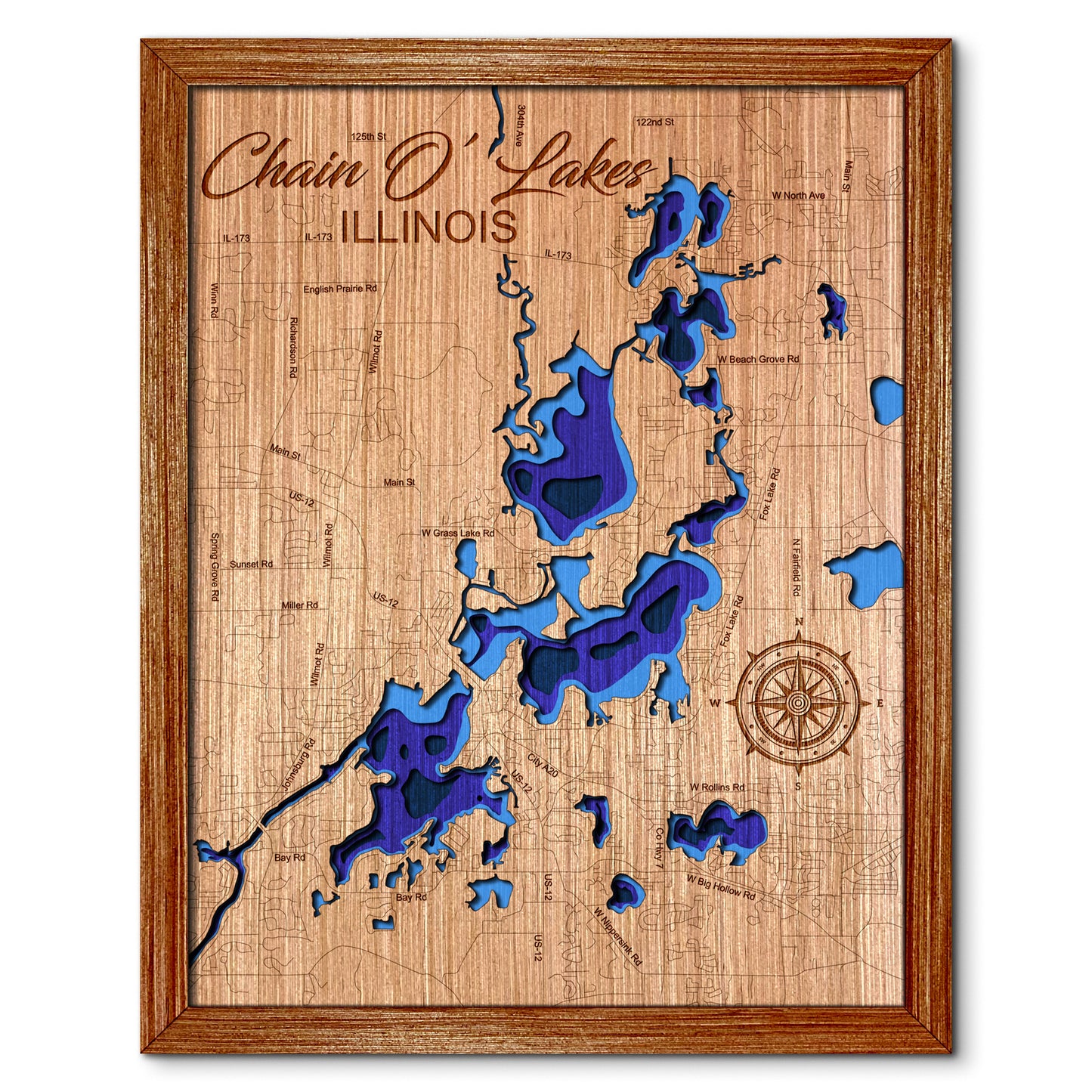 Chain O' Lakes, Illinois Depth Map - Any Lake, Pond, or Reservoir, Home Decor, Wall Art, Wall Decor