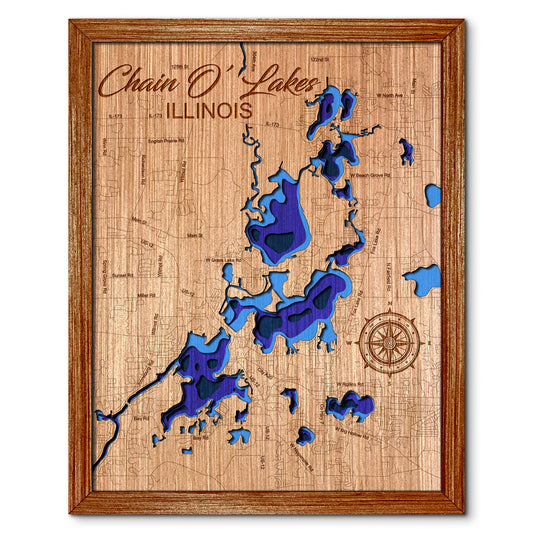 Chain O' Lakes, Illinois Depth Map - Any Lake, Pond, or Reservoir, Home Decor, Wall Art, Wall Decor