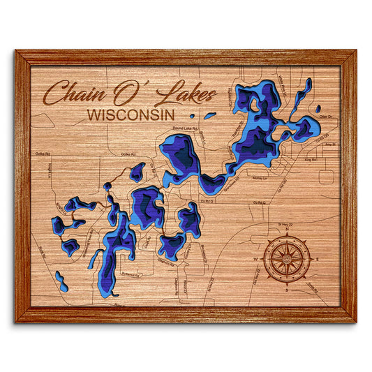 Chain O' Lakes, Wisconsin Depth Map - Any Lake, Pond, or Reservoir - Unique Home Decor, Wall Art