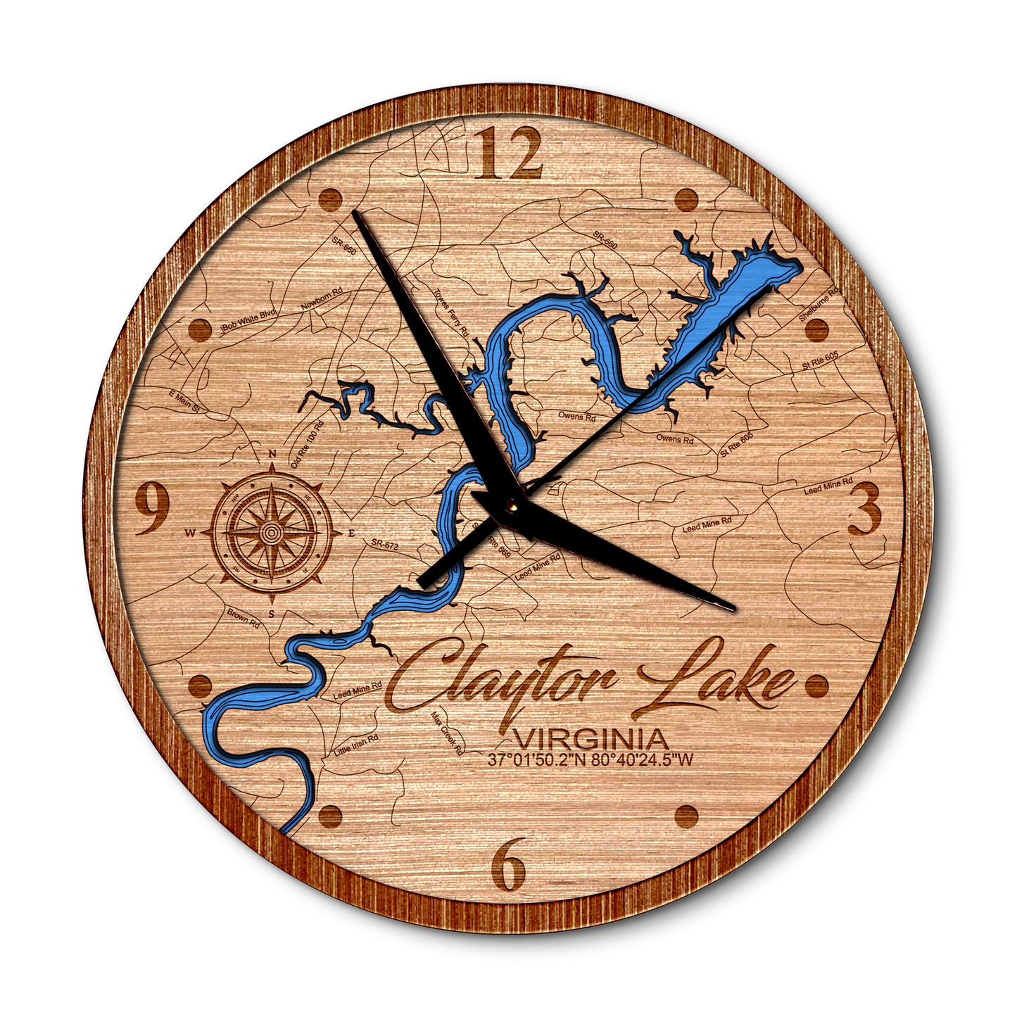 Claytor Lake, Virginia 14in Layered Map Clock - Any Lake, Pond, or Reservoir - Unique Home Decor