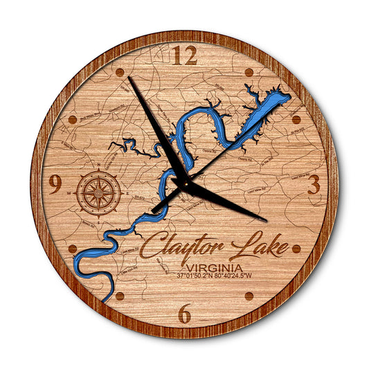 Claytor Lake, Virginia 14in Layered Map Clock - Any Lake, Pond, or Reservoir - Unique Home Decor
