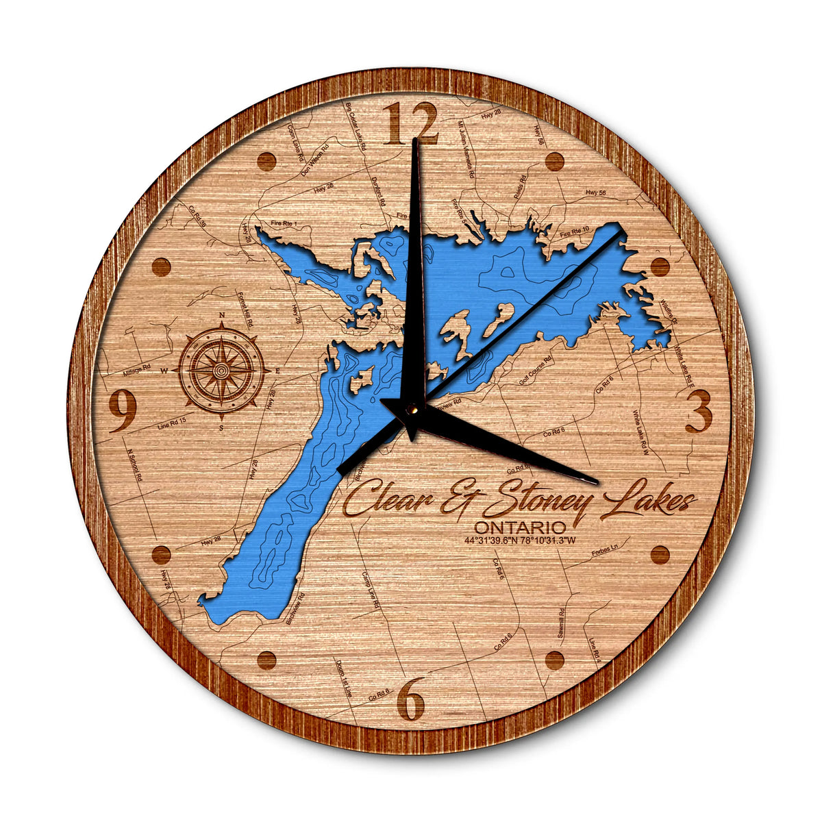 Clear & Stoney Lakes ON, Canada 14in Layered Map Clock - Any Lake, Pond, or Reservoir - Unique Home Decor