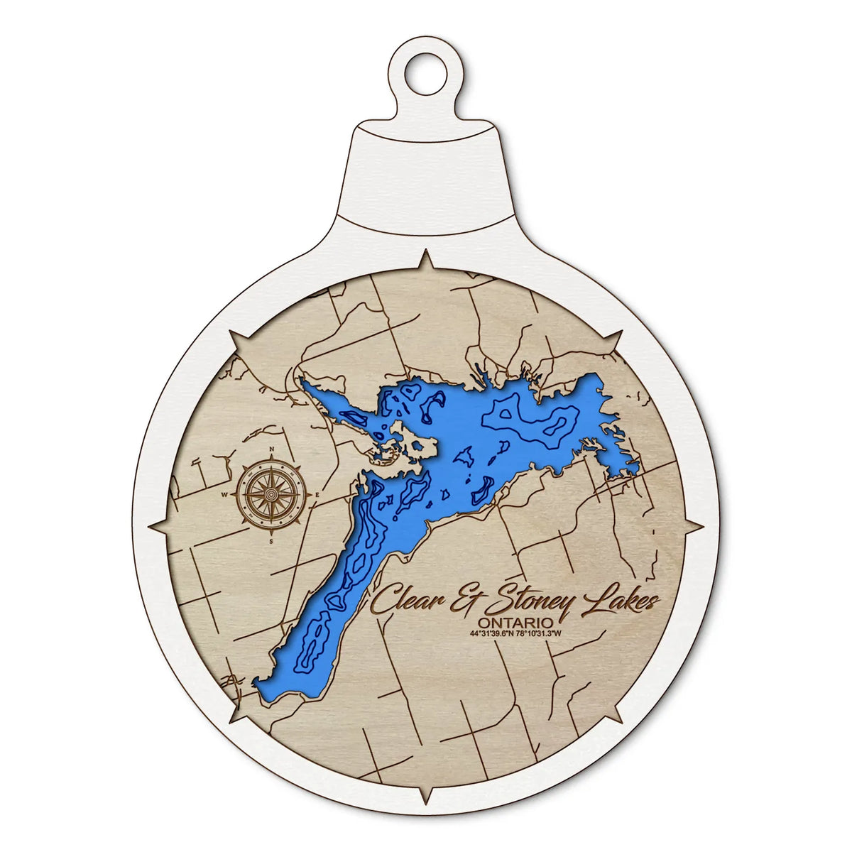 Clear & Stoney Lakes ON, Canada Custom 3D Layered Wood Lake Map Ornament | Handcrafted Bathymetric Art
