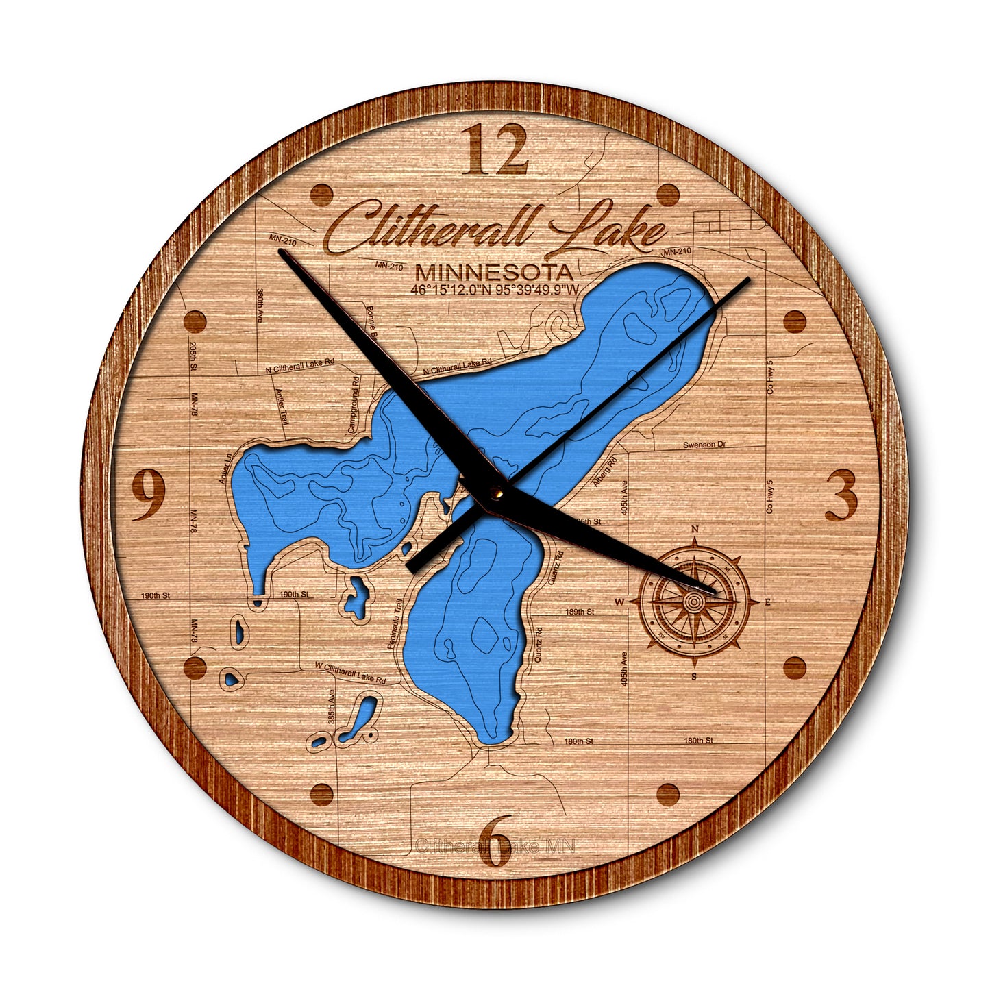 Clitherall Lake, Minnesota 14in Layered Map Clock - Any Lake, Pond, or Reservoir - Unique Home Decor