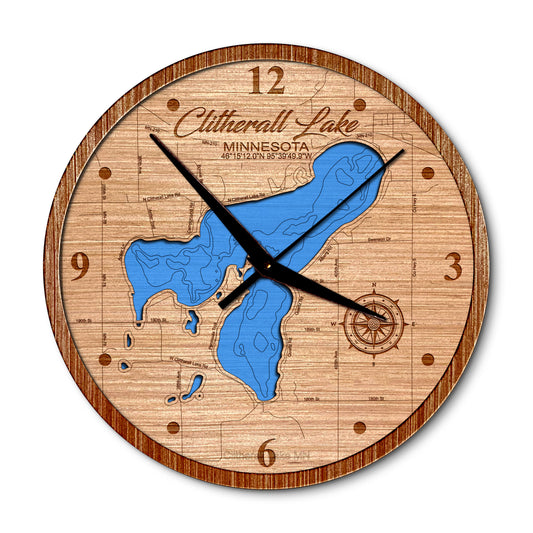 Clitherall Lake, Minnesota 14in Layered Map Clock - Any Lake, Pond, or Reservoir - Unique Home Decor