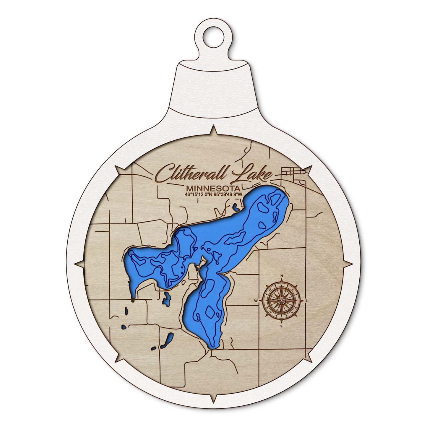Clitherall Lake, Minnesota Custom 3D Layered Wood Lake Map Ornament | Handcrafted Bathymetric Art