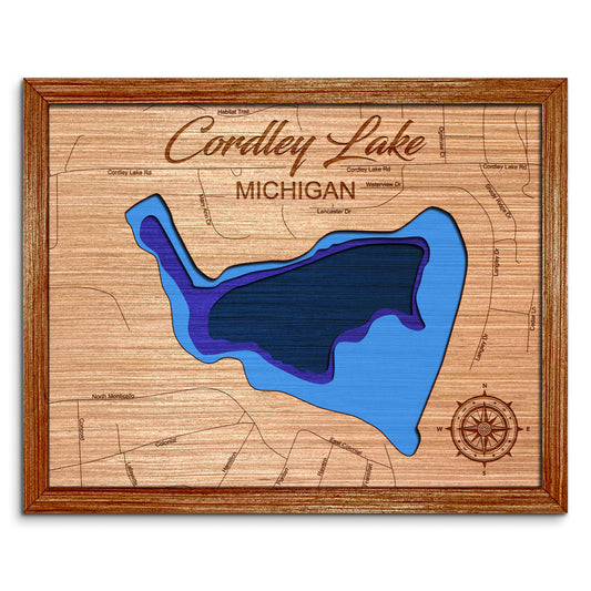 Cordley Lake Michigan Depth Map - Any Lake, Pond, or Reservoir - Unique Home Decor, Wall Art