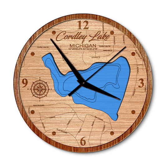Cordley Lake Michigan 14in Layered Map Clock - Any Lake, Pond, or Reservoir - Unique Home Decor