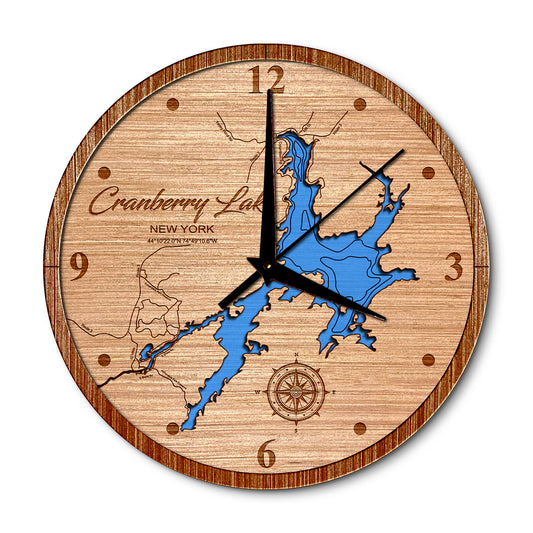 Cranberry Lake, New York Layered Map Clock - Any Lake, Pond, or Reservoir - Unique Home Decor