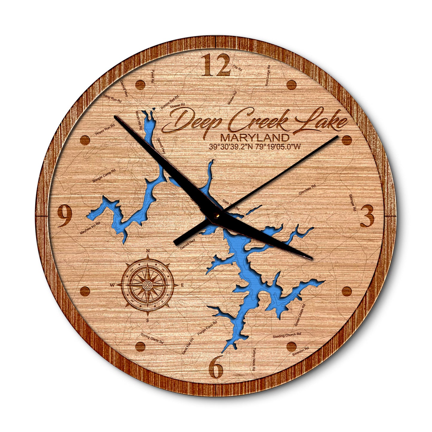 Deep Creek Lake, Maryland 14in Layered Map Clock - Any Lake, Pond, or Reservoir - Unique Home Decor