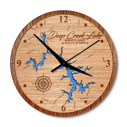 Deep Creek Lake, Maryland 14in Layered Map Clock - Any Lake, Pond, or Reservoir - Unique Home Decor