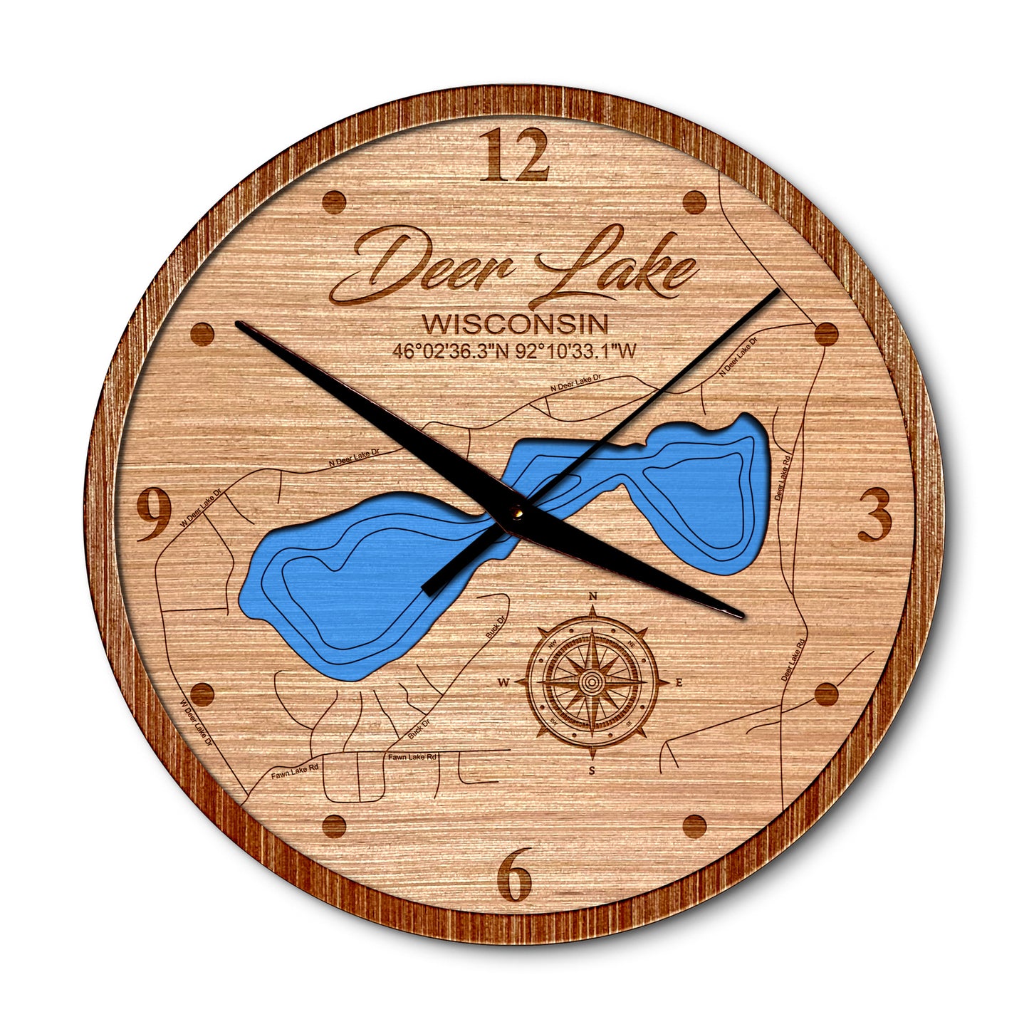 Deer Lake(Burnett County), Wisconsin 14in Layered Map Clock - Any Lake, Pond, or Reservoir - Unique Home Decor
