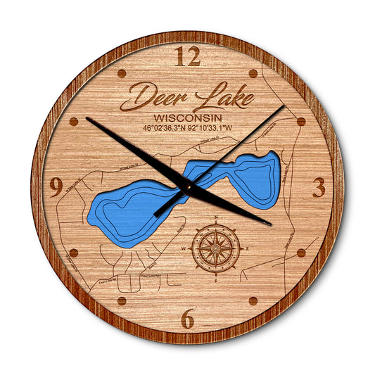 Deer Lake(Burnett County), Wisconsin 14in Layered Map Clock - Any Lake, Pond, or Reservoir - Unique Home Decor
