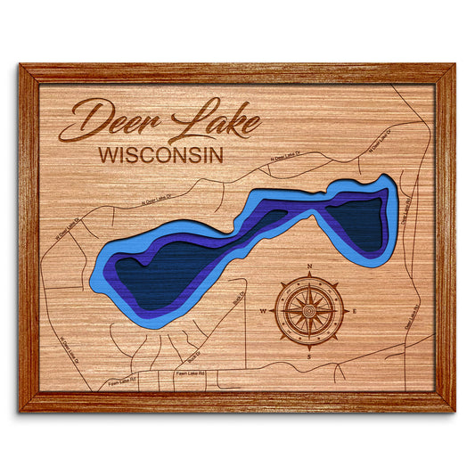 Deer Lake(Burnett County), Wisconsin Depth Map - Any Lake, Pond, or Reservoir, Home Decor, Wall Art, Wall Decor