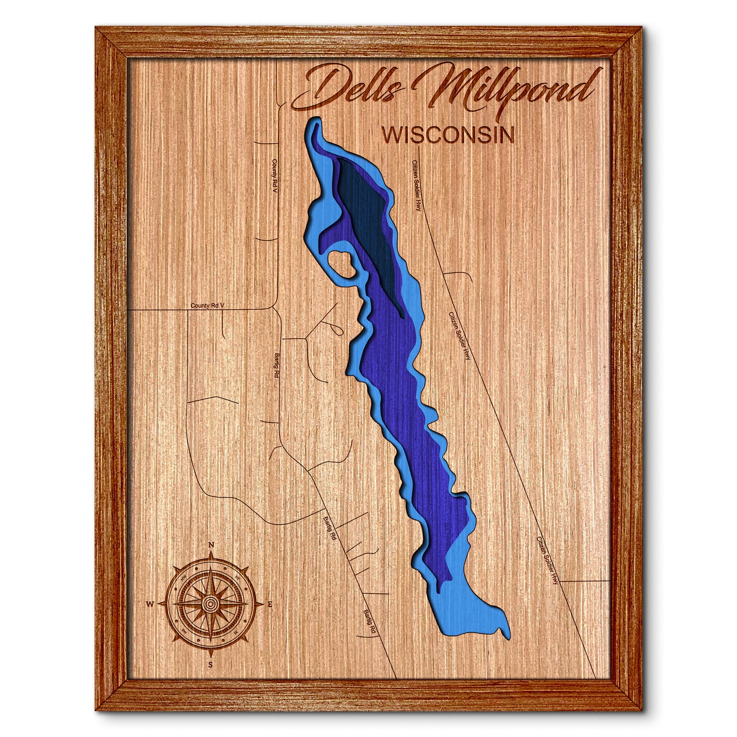 Dells Millpond, Wisconsin Depth Map - Any Lake, Pond, or Reservoir - Unique Home Decor, Wall Art
