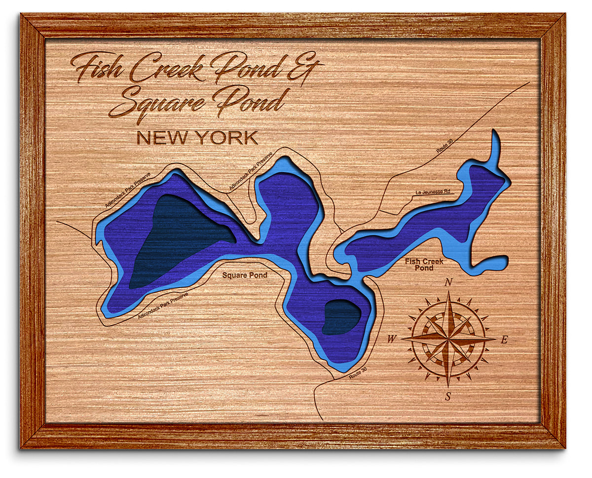 Fish Creek and Square Pond, New York Depth Map - Any Lake, Pond, or Reservoir, Home Decor, Wall Art, wall decor