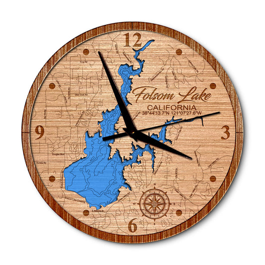 Folsom Lake, California Layered Map Clock - Any Lake, Pond, or Reservoir - Unique Home Decor