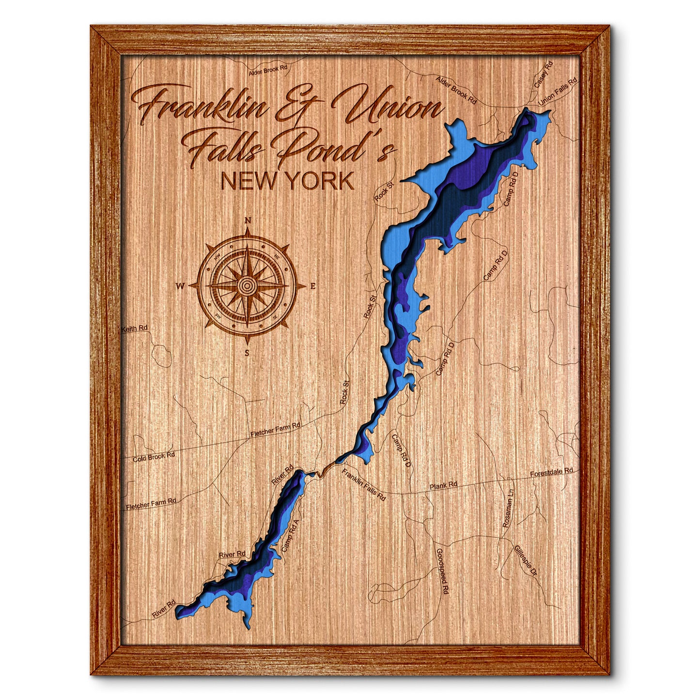 Franklin & Union Falls Pond, New York Depth Map - Any Lake, Pond, or Reservoir - Unique Home Decor, Wall Art