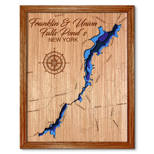 Franklin & Union Falls Pond, New York Depth Map - Any Lake, Pond, or Reservoir - Unique Home Decor, Wall Art