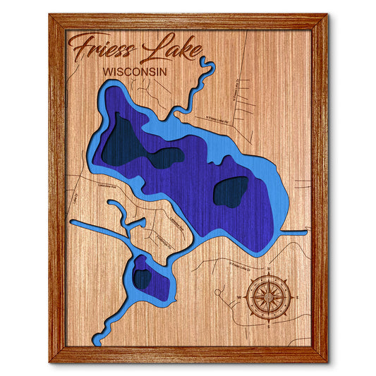 Friess Lake, Wisconsin Depth Map - Any Lake, Pond, or Reservoir, Home Decor, Wall Art, wall decor