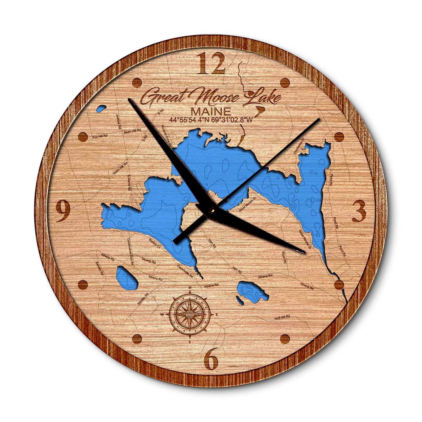Great Moose Lake, Maine 14in Layered Map Clock - Any Lake, Pond, or Reservoir - Unique Home Decor