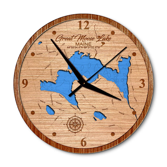 Great Moose Lake, Maine 14in Layered Map Clock - Any Lake, Pond, or Reservoir - Unique Home Decor