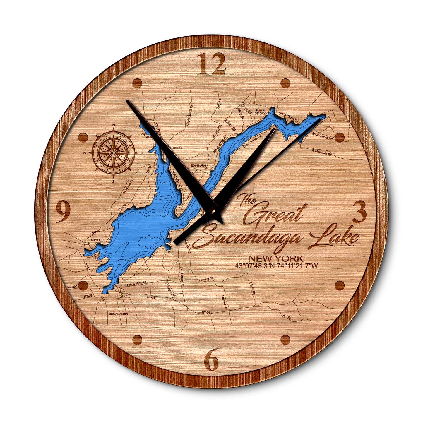 Great Sacandaga Lake, New York 14in Layered Map Clock - Any Lake, Pond, or Reservoir - Unique Home Decor