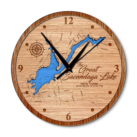 Great Sacandaga Lake, New York 14in Layered Map Clock - Any Lake, Pond, or Reservoir - Unique Home Decor