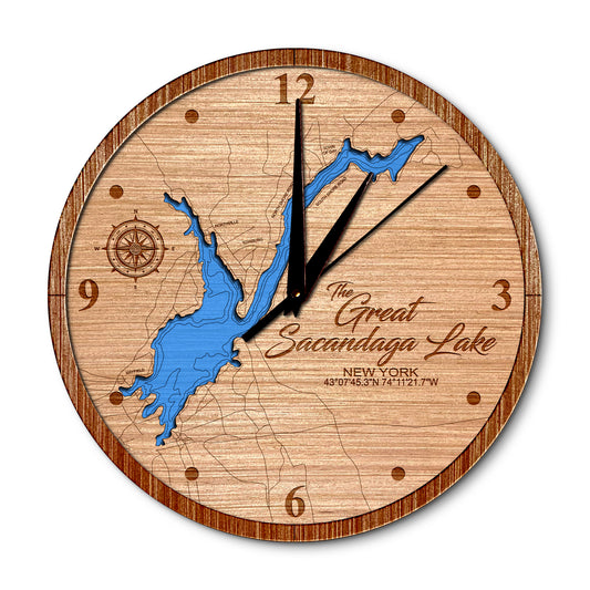Great Sacandaga Lake, New York Layered Map Clock - Any Lake, Pond, or Reservoir - Unique Home Decor