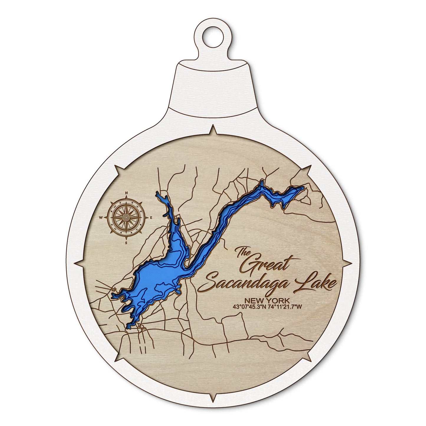 Sacandaga Lake, New York Custom 3D Layered Wood Lake Map Ornament | Handcrafted Bathymetric Art