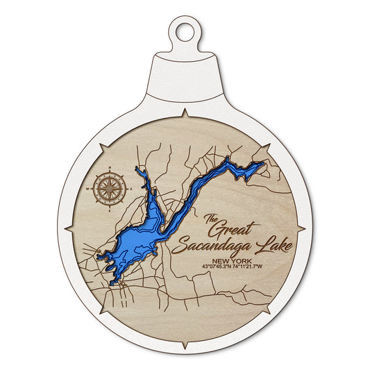 Sacandaga Lake, New York Custom 3D Layered Wood Lake Map Ornament | Handcrafted Bathymetric Art