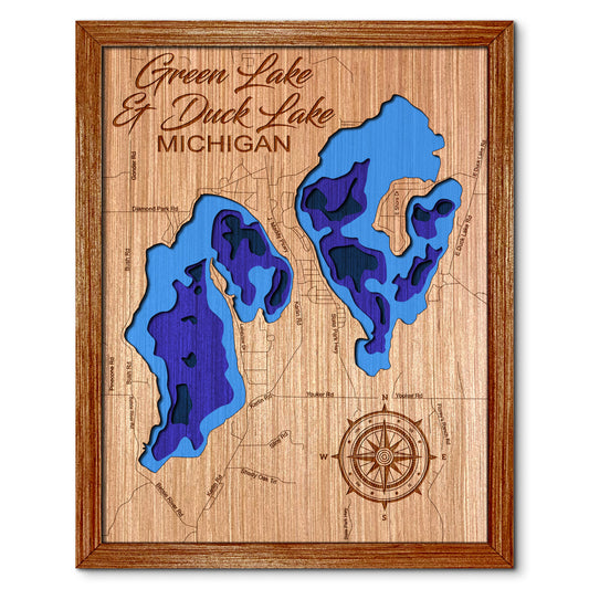 Green Lake & Duck Lake, Michigan Depth Map - Any Lake, Pond, or Reservoir, Home Decor, Wall Art, Wall Decor