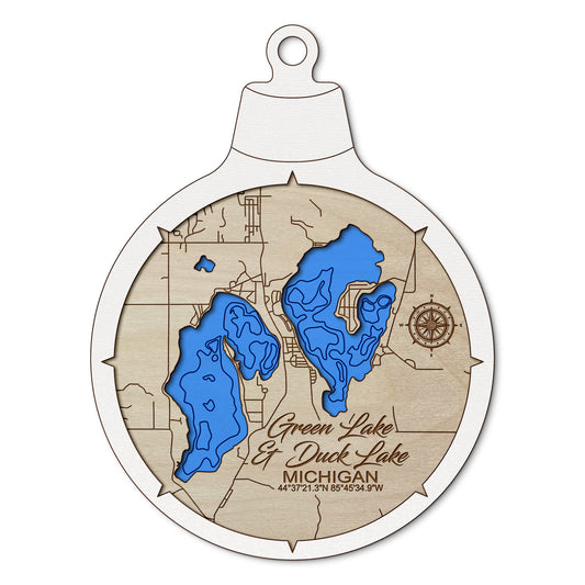 Green Lake & Duck Lake, Michigan Custom 3D Layered Wood Lake Map Ornament | Handcrafted Bathymetric Art