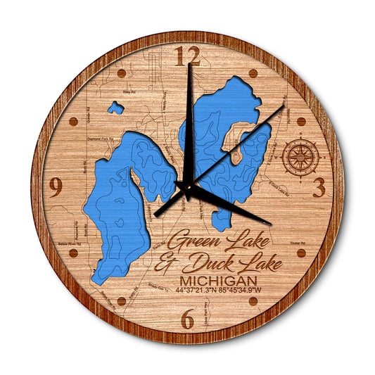Green Lake & Duck Lake, Michigan 14in Layered Map Clock - Any Lake, Pond, or Reservoir - Unique Home Decor