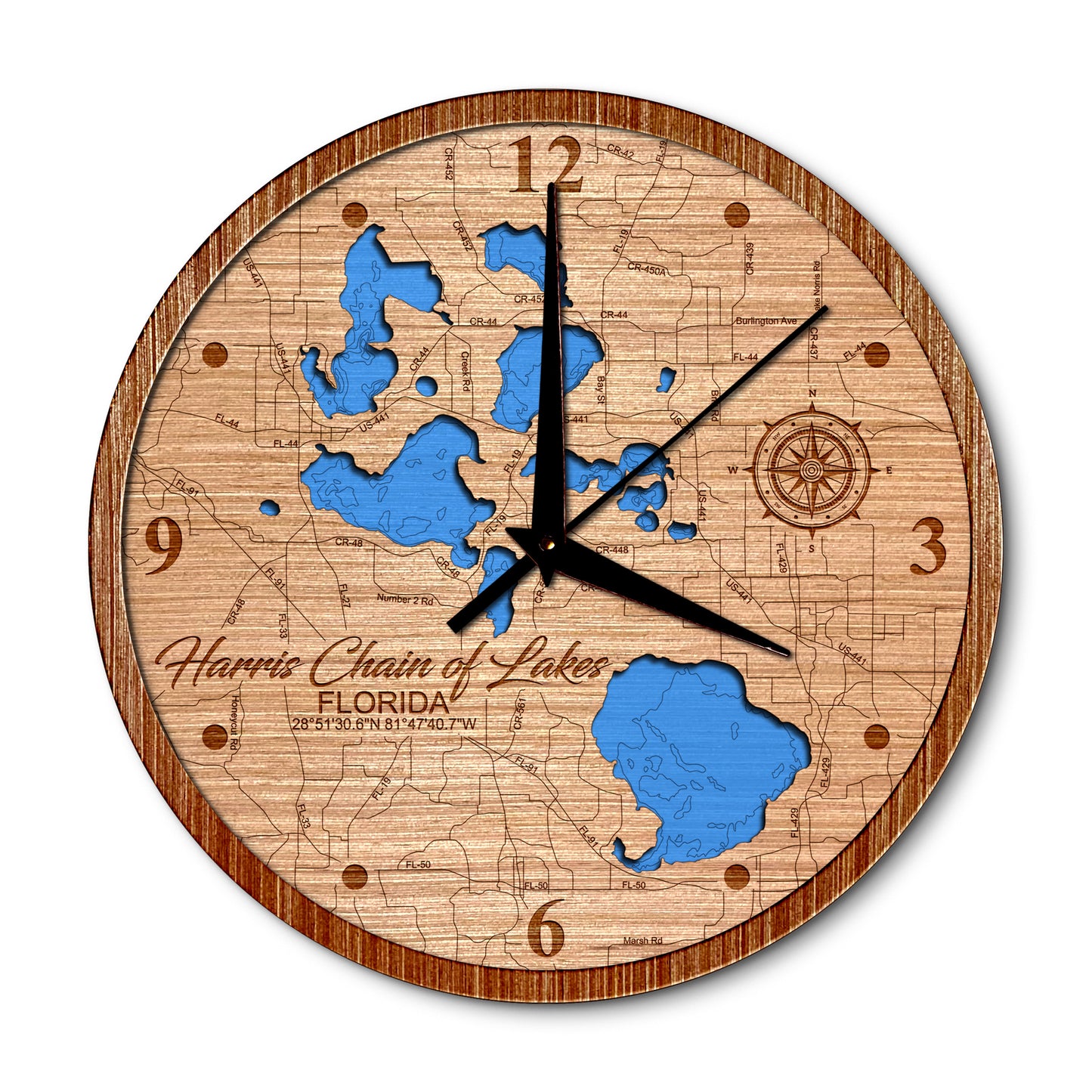 Harris Chain of Lakes, Florida 14in Layered Map Clock - Any Lake, Pond, or Reservoir - Unique Home Decor