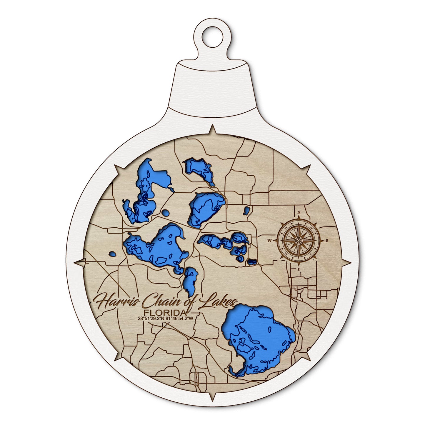 Harris Chain of Lakes, Florida Custom 3D Layered Wood Lake Map Ornament | Handcrafted Bathymetric Art