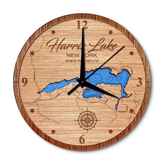 Harris Lake, New York Layered Map Clock - Any Lake, Pond, or Reservoir - Unique Home Decor