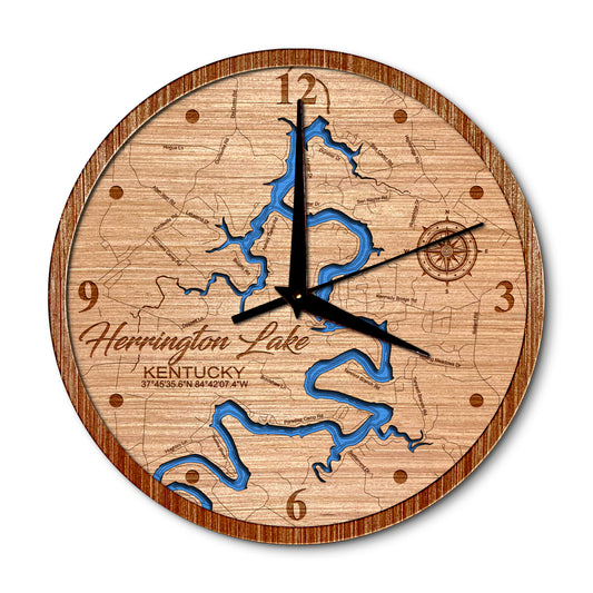 Herrington Lake, Kentucky 14in Layered Map Clock - Any Lake, Pond, or Reservoir - Unique Home Decor