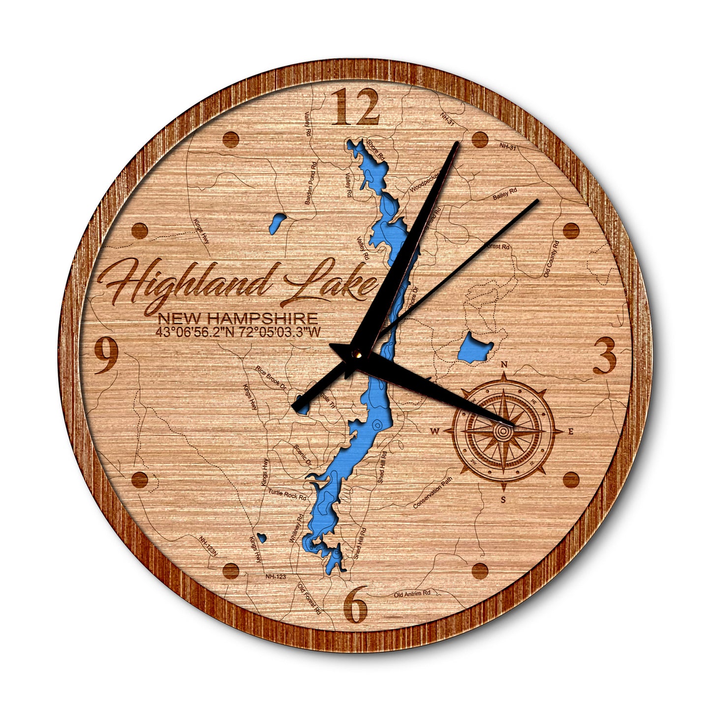 Highland Lake, New Hampshire 14in Layered Map Clock - Any Lake, Pond, or Reservoir - Unique Home Decor