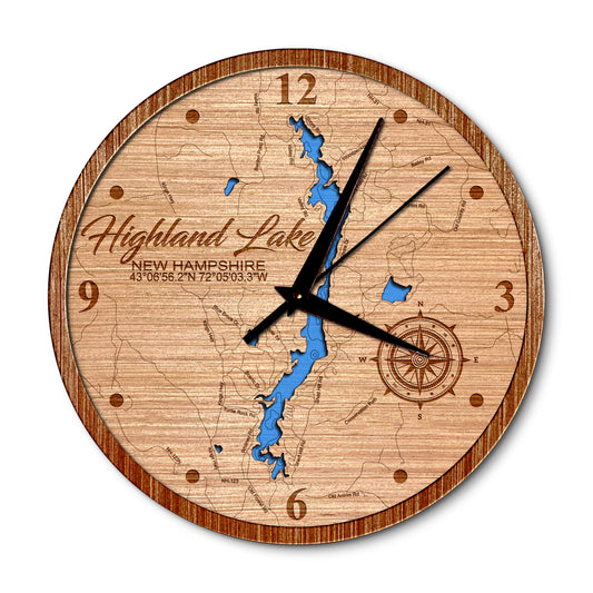 Highland Lake, New Hampshire 14in Layered Map Clock - Any Lake, Pond, or Reservoir - Unique Home Decor