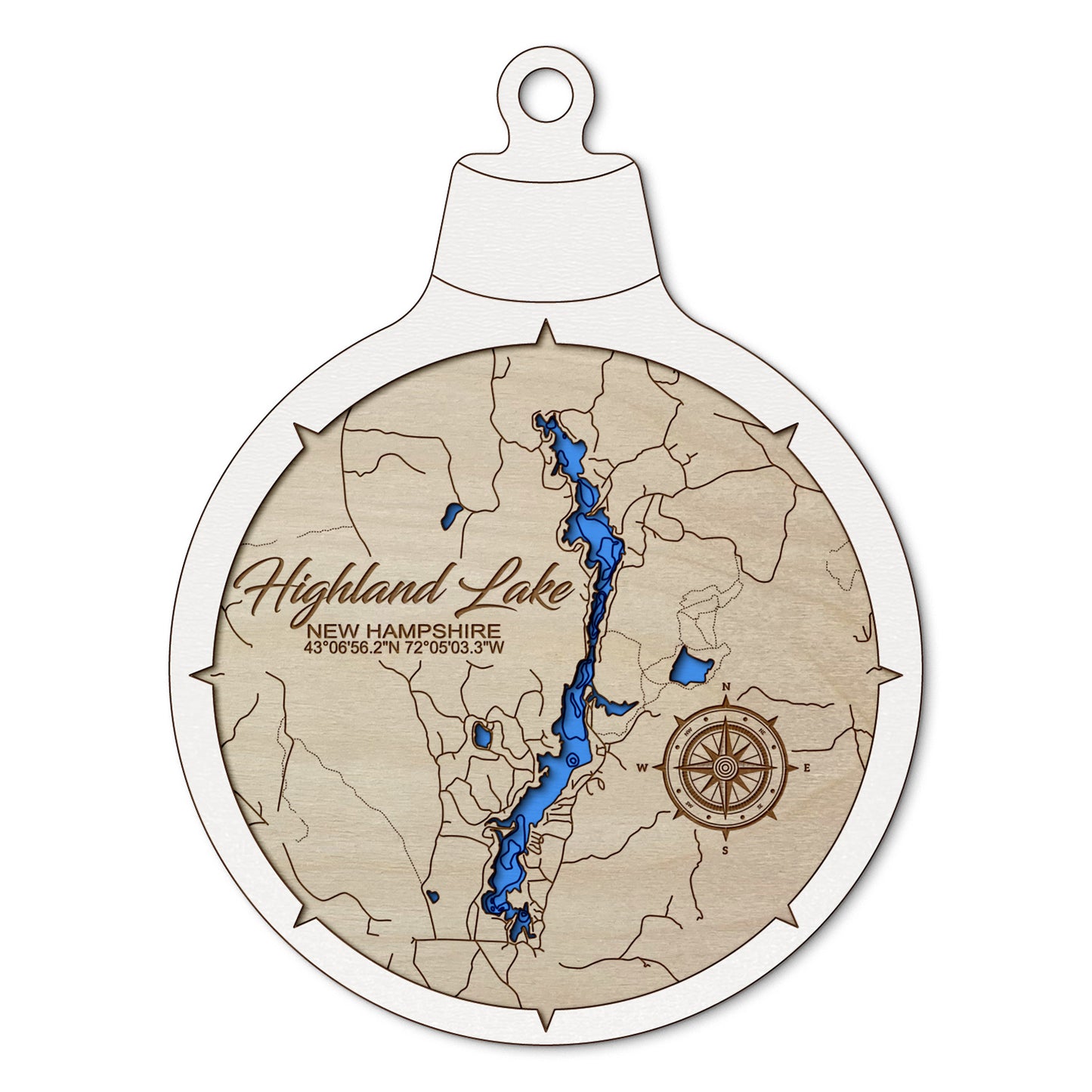 Highland Lake, New Hampshire Custom 3D Layered Wood Lake Map Ornament | Handcrafted Bathymetric Art