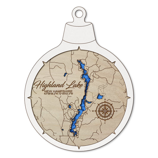 Highland Lake, New Hampshire Custom 3D Layered Wood Lake Map Ornament | Handcrafted Bathymetric Art