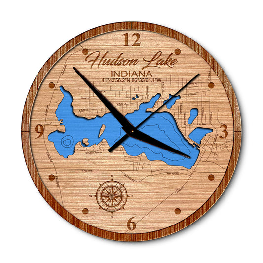 Hudson Lake, Indiana 14in Layered Map Clock - Any Lake, Pond, or Reservoir - Unique Home Decor