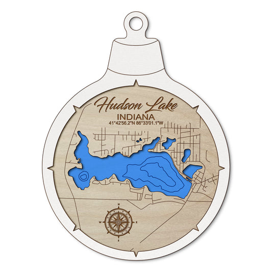 Hudson Lake, Indiana Custom 3D Layered Wood Lake Map Ornament | Handcrafted Bathymetric Art