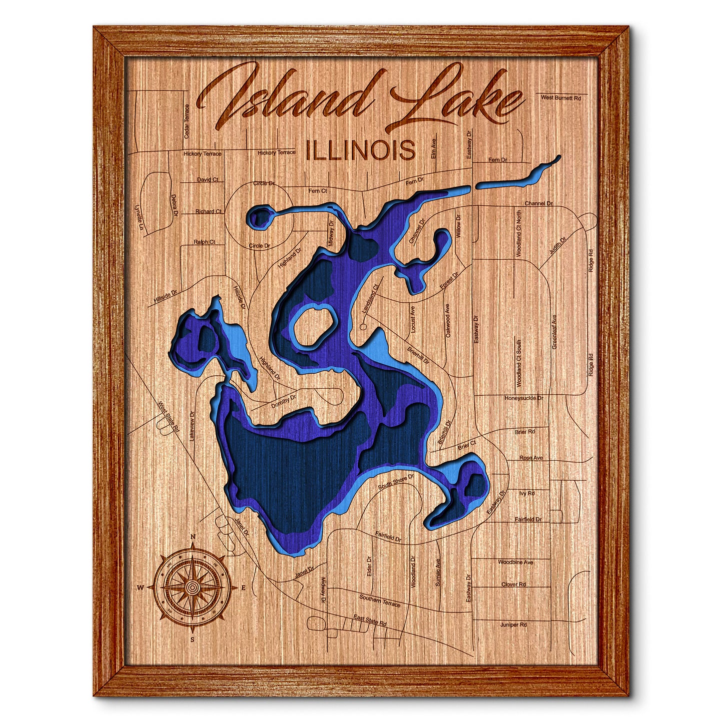 Island Lake, Illinois Depth Map - Any Lake, Pond, or Reservoir, Home Decor, Wall Art, Wall decor