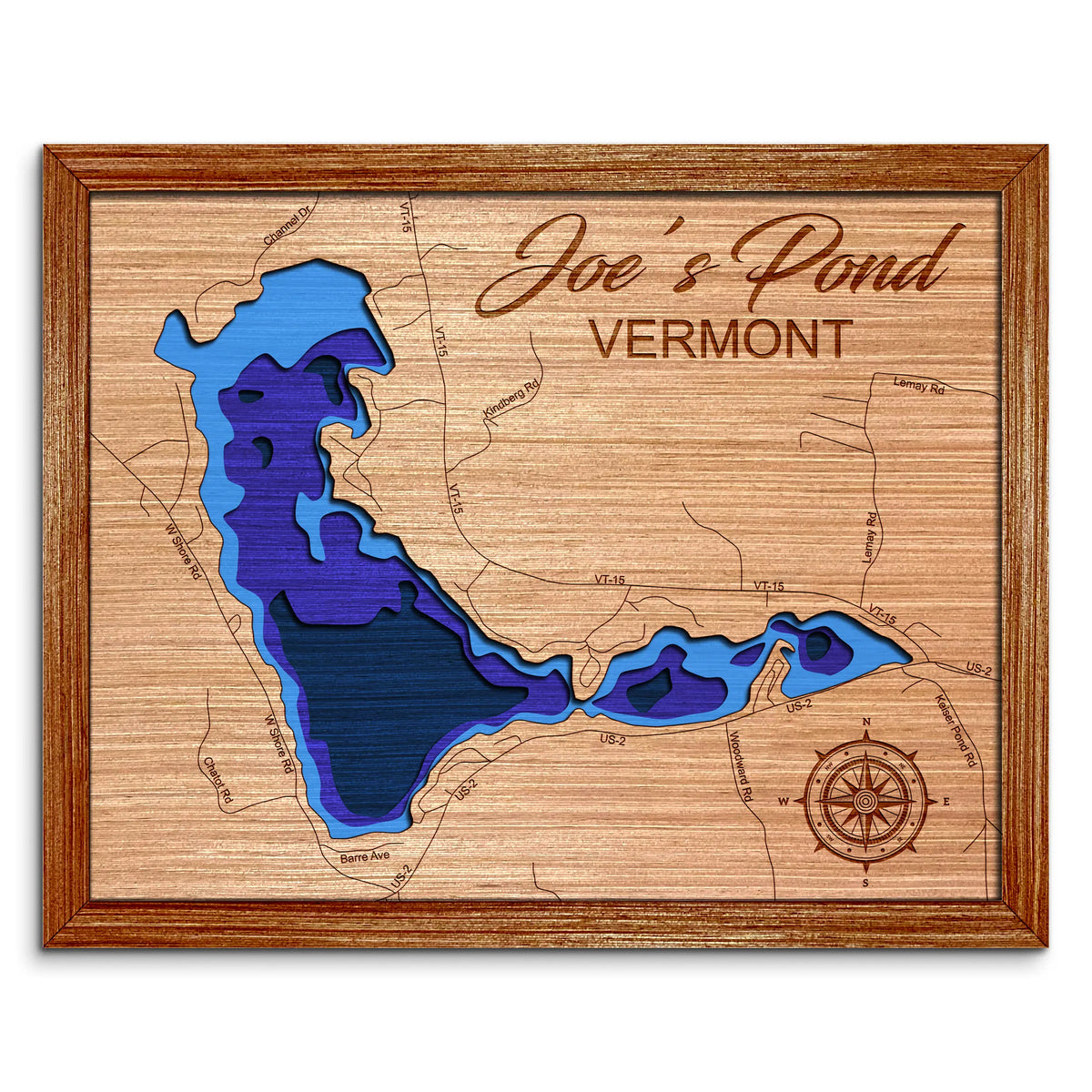 Joe's Pond, Vermont Depth Map - Any Lake, Pond, or Reservoir, Home Decor, Wall Art, Wall Decor